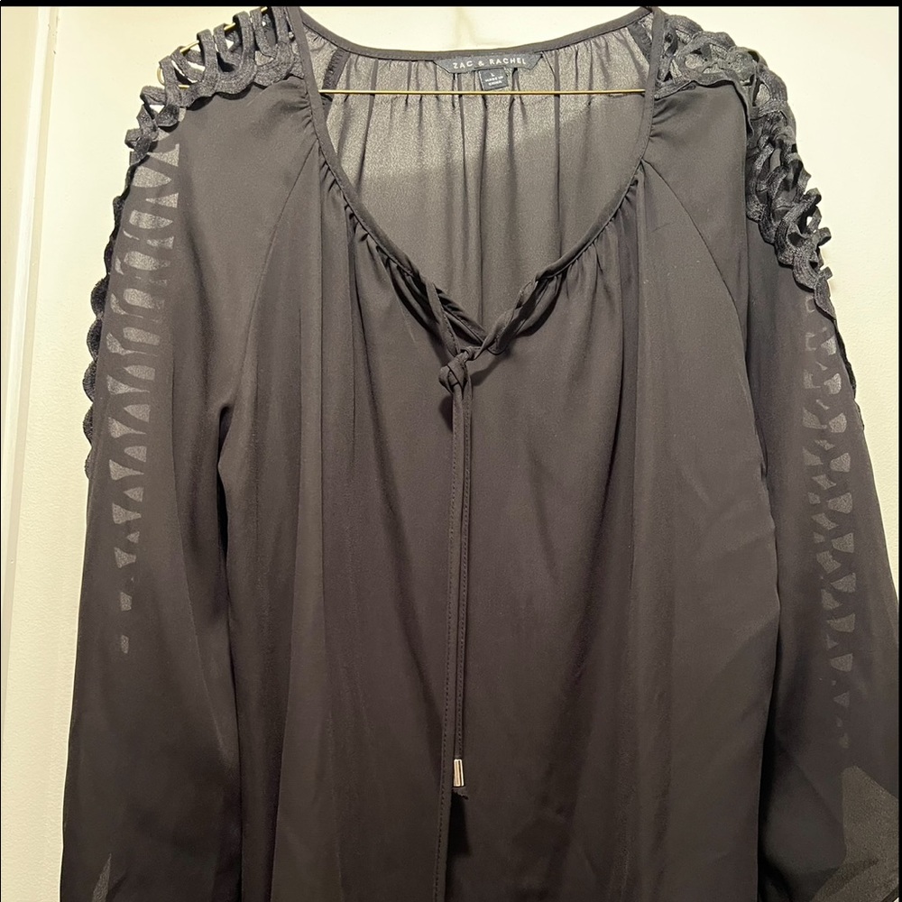 Black blouse with arm detail and front tie
